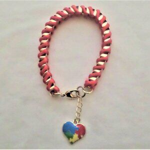 Venetian gold box links & persimmon satin braclet + Autism heart charm